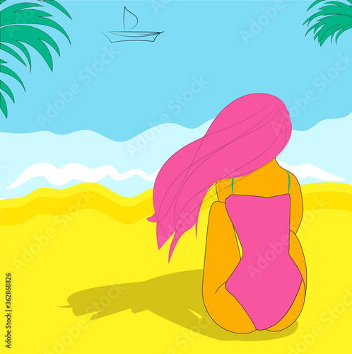 Tourism theme banner. Colorful image of a girl sitting on the beach. Vector