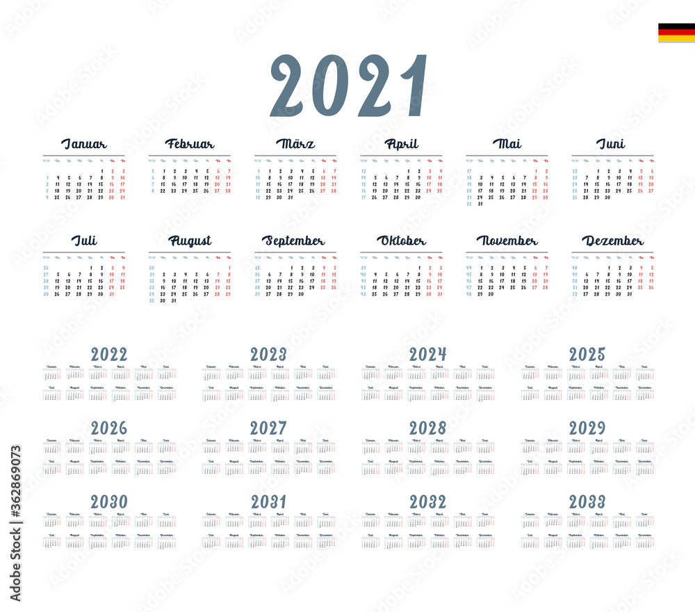 German Calendar for 2021-2033. Week starts on Monday German Calendar for 2021-2033. Week starts on Monday