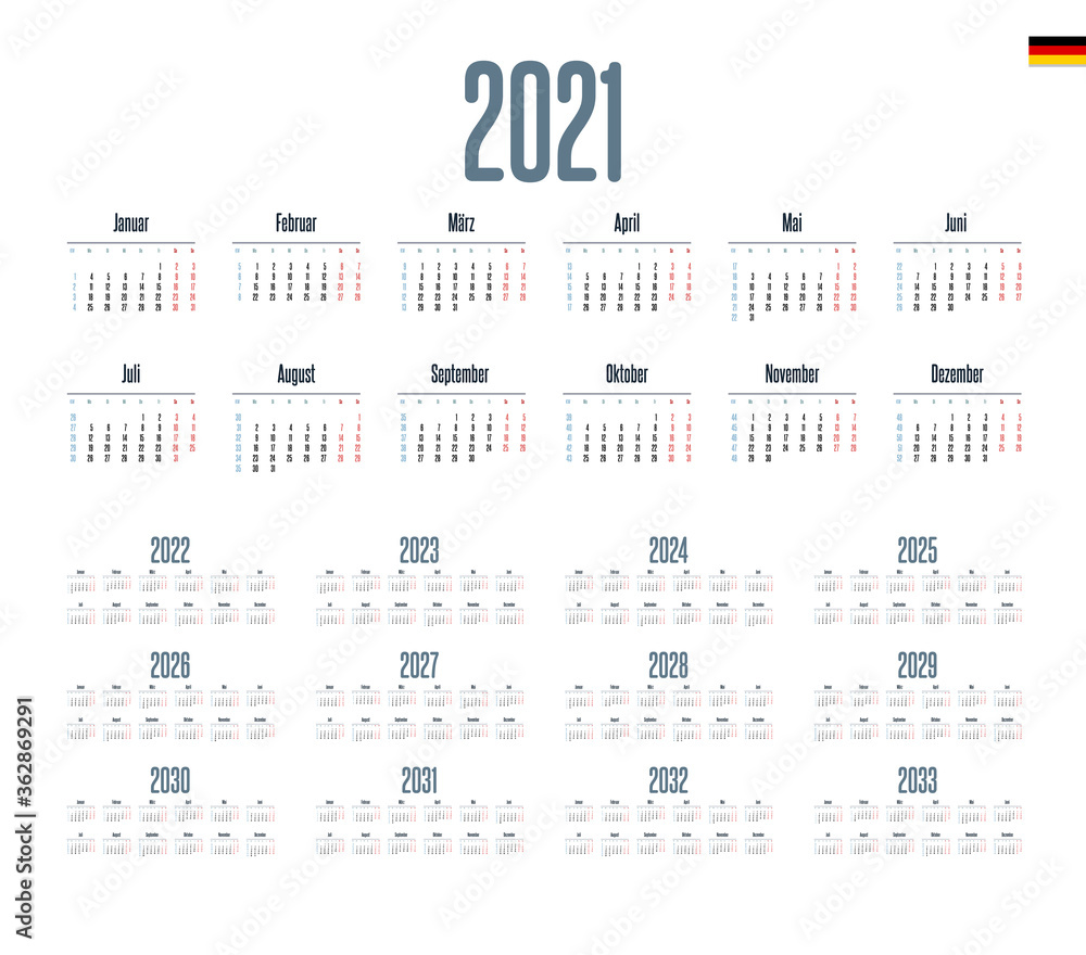 German Calendar for 2021-2033. Week starts on Monday German Calendar for 2021-2033. Week starts on Monday