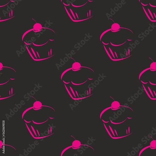 Seamless dark pattern or tile texture with pink cupcakes, sweet cherry cake on black background