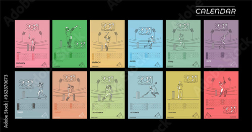 Happy new year 2021 Calendar Cricket Poster Event - New Year Holiday design elements for holiday cards, calendar banner poster for decorations, Vector Illustration Background.