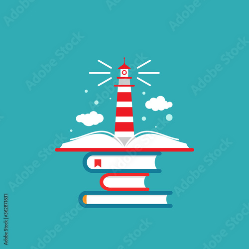 book stack with lighthouse or beacon and clouds on blue background.