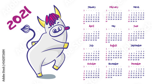 Calendar 2021. Cheerful bull with a nose ring dancing, cartoon animals. Vector illustration