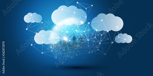 Smart City, Cloud Computing Design Concept with Transparent Globe and Cityscape - Digital Network Connections, Technology Background