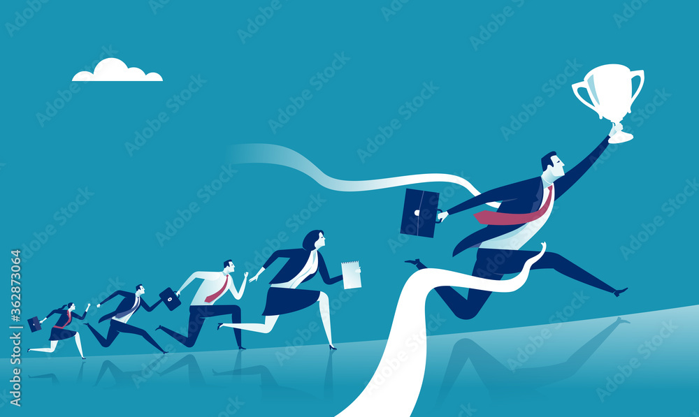 Finish line. Businessman and winner tearing the finishing line