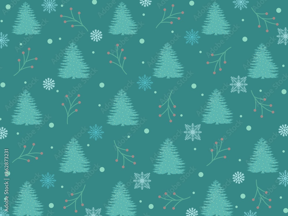 Green abstract background with pine trees snowflakes for card Christmas backdrop wallpaper or pattern fabric Green abstract background with pine trees snowflakes for card Christmas backdrop wallpaper or pattern fabric