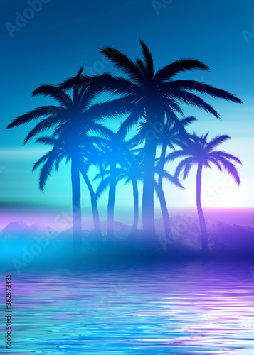 Abstract futuristic background. Neon glow, reflection of tropical palm trees on the water. Night view, beach party. 3d illustration © Laura Сrazy