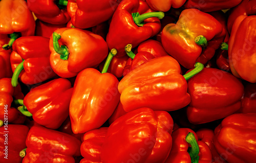 fresh red sweet peppers closeup pattern background. Group of organic red bell pepper in a market place