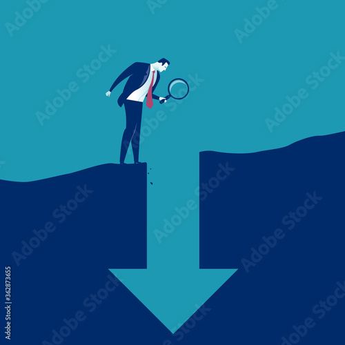 The fall. Manager looking into a hole in the shape of a falling arrow. Project failure vector illustration. 
