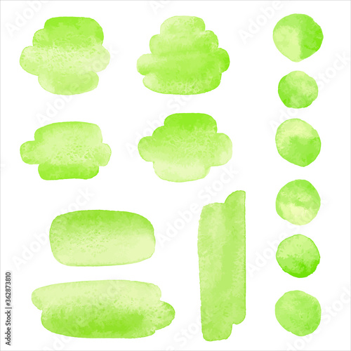 Grass green watercolor graphic elements set. Cute brush strokes, smudges, smears, oval rounded watercolour shapes, circles, paint spots, round stains. Eco, vegan text background, hand drawn frame.
