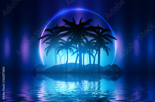 Abstract futuristic background. Neon glow  reflection of tropical palm trees on the water. Night view  beach party. 3d illustration