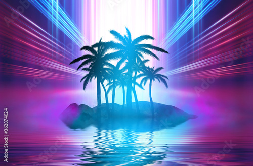 Fototapeta Naklejka Na Ścianę i Meble -  Abstract futuristic background. Neon glow, reflection of tropical palm trees on the water. Night view, beach party. 3d illustration