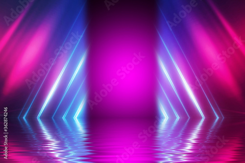 Abstract dark futuristic background. Neon rays of light are reflected from the water. Background of empty stage show, beach party. 3d illustration