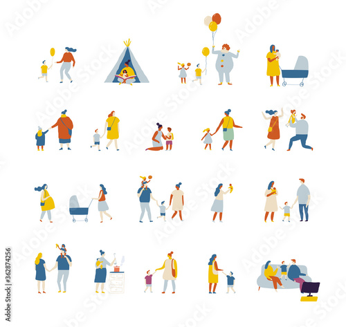 Flat vector cartoon family. Parents and kids set. Childhood. Outdoor.