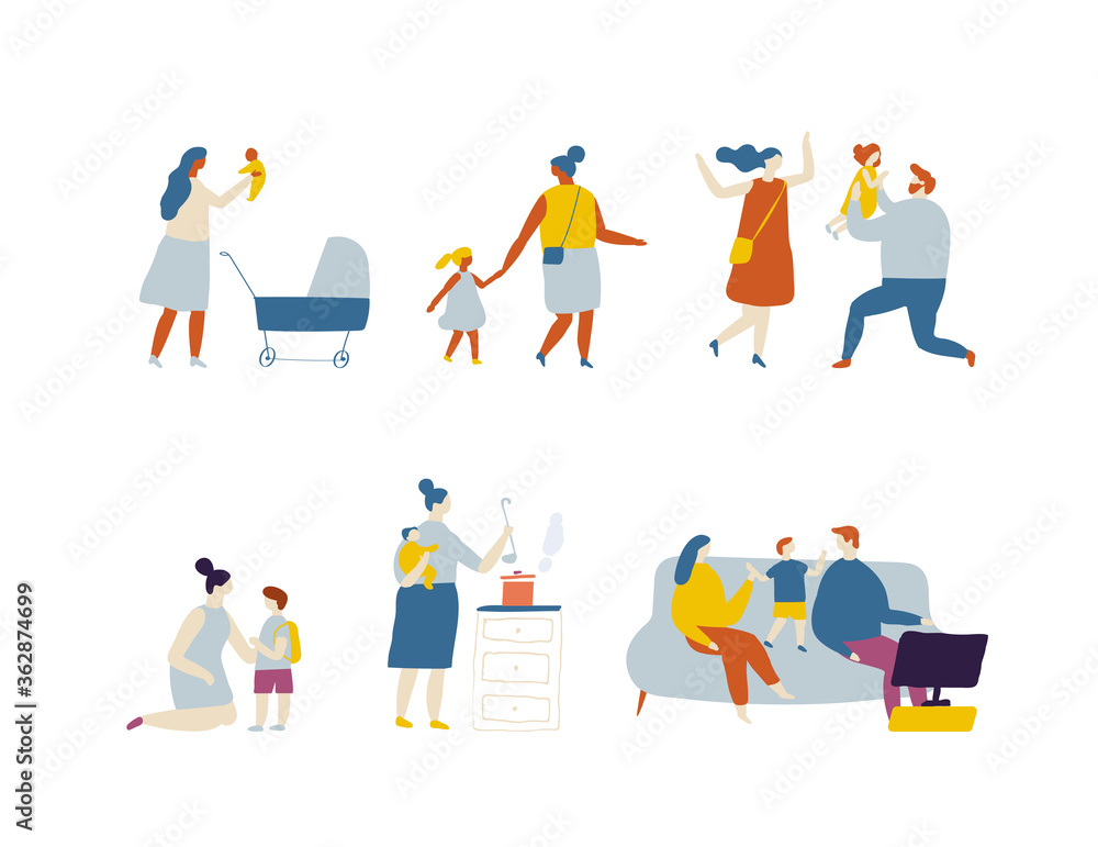 Flat vector cartoon family. Parents and kids. Childhood. Outdoor. Flat vector cartoon family. Parents and kids. Childhood. Outdoor.