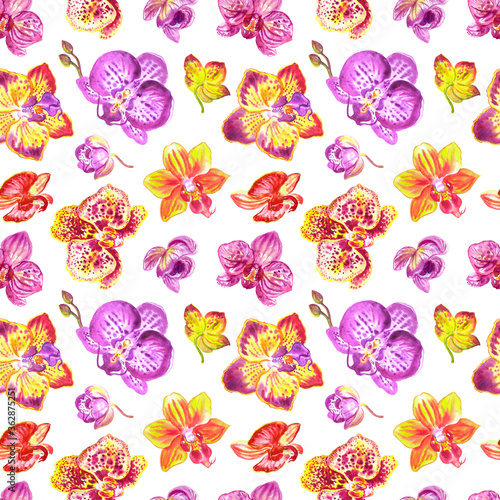 Seamless pattern of flowers and buds of orchids on a white background  watercolor illustration  print for fabric and other designs.