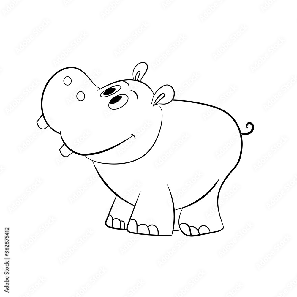 Obraz premium Cute little hippo drawing, line art illustration for coloring book. Funny cartoon baby hippopotamus, Can be used for t-shirt print, kids wear fashion design, baby shower invitation card. - Vector