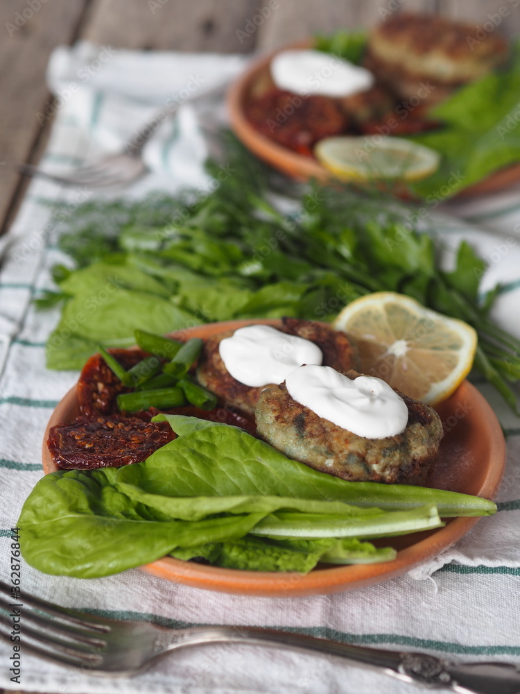 Healthy natural food.Vegetable diet cutlets on a wooden background.