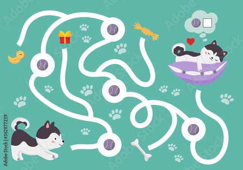 Educational maze game for preschool kids. Cute cartoon Siberian Husky is finding balls. Count and write number. Kawaii vector pet character.