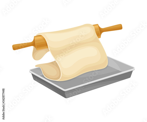 Baking Process with Rolling Pin Putting Thin Dough on Cookie Sheet Vector Illustration