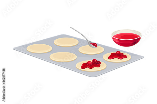 Baking Process with Putting Filling on Rolled Dough Vector Illustration