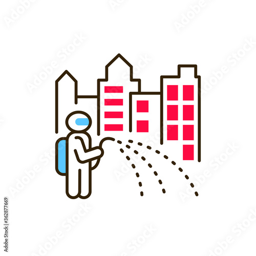 Town disinfection color line icon. Cleaning service. Worker in protective suit with disinfector sprayer. Pictogram for web, mobile app, promo. UI UX design element
