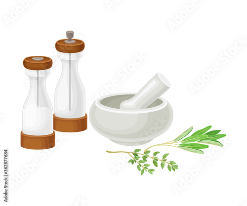 Baking Ingredients with Herbs Pounding with Pestle Vector Illustration