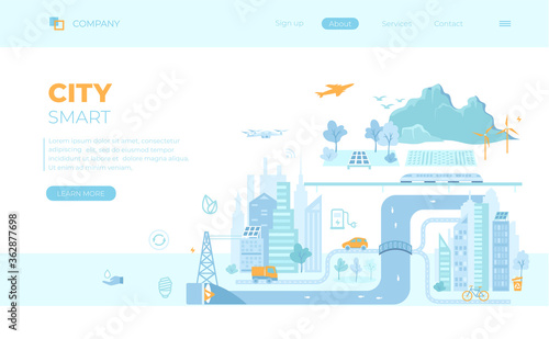 Smart Green City. Infographic elements. Infrastructure, transportation, services, communication,energy, power. Can use for web banner, landing page, web template.