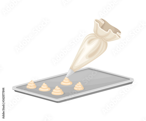 Pastry Bag with Batter Molding Shapes on Cookie Sheet as Baking Process Vector Illustration