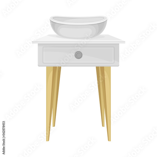 White Bathroom Sink Basin with Tap Isolated on White Background Vector Illustration