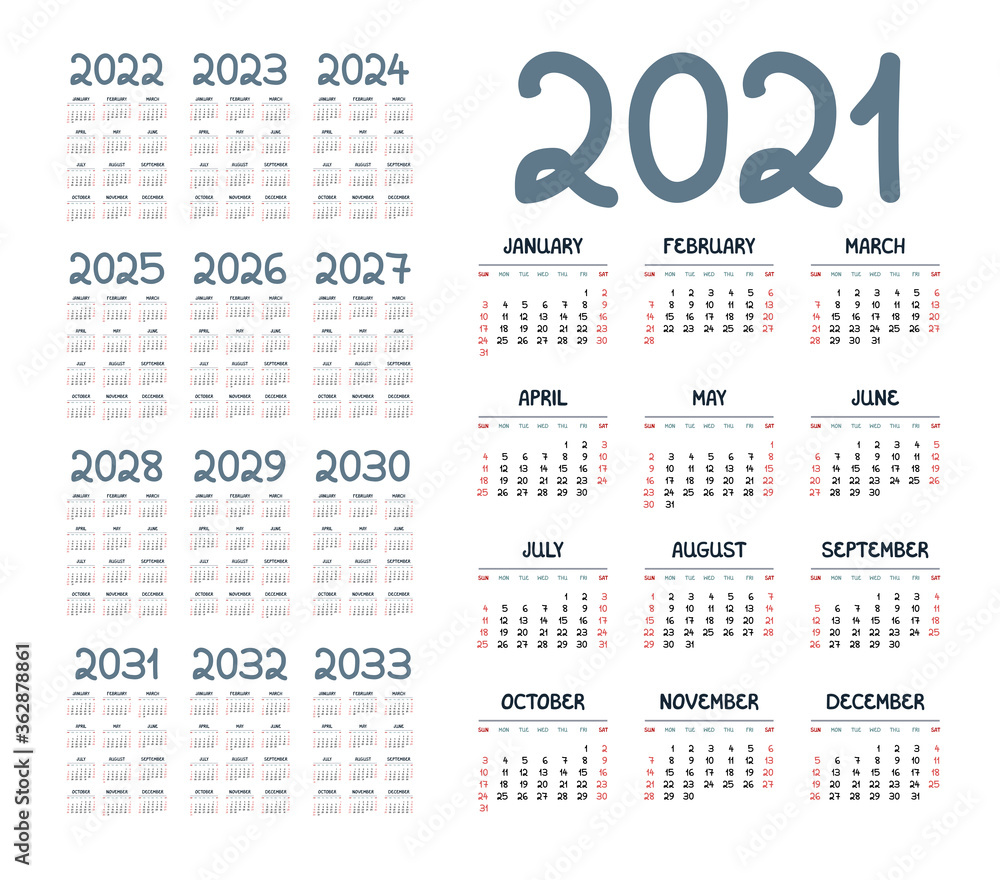 English calendar for years 2021-2033, week starts on Sunday English calendar for years 2021-2033, week starts on Sunday