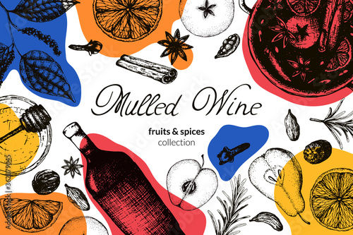 Vector illustration banner or flyer with mulled wine hot winter alcoholic drink in bright colors. Sketch Ingredients and spices for mulled wine for decorating a cover menu or invitation to a cafe.