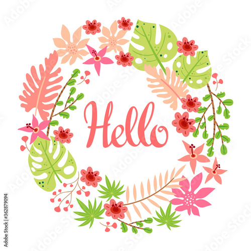 Vector illustration with frame of leaves, flowers and lettering Hello. Floral circle border on white background. Greeting card in tropical style.
