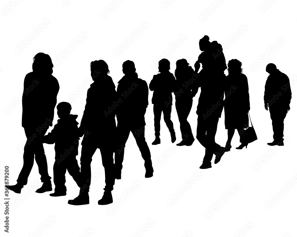 Families with little child walking on street. Isolated silhouettes of people on white background