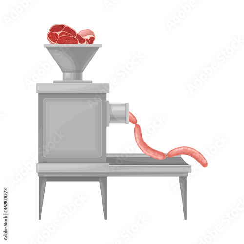 Metal Mincing Machine with Beef Meat Molding Into Sausage Vector Illustration