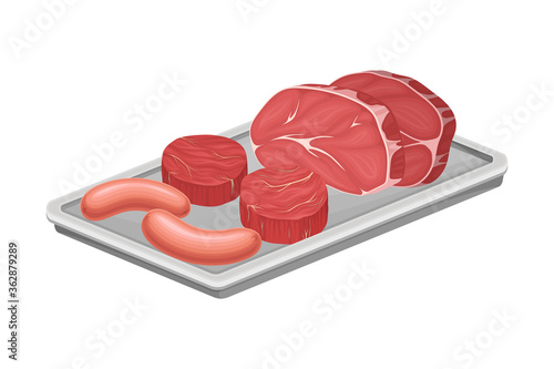 Meat Product with Beef Slab and Sausage Products Rested on Metal Tray Vector Illustration