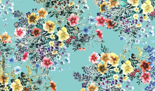 Seamless floral background scarf art abstract design textile. seamless beautiful artistic bright tropical pattern with exotic forest. Colorful Fabric Flower pattern. Beautiful vintage Floral