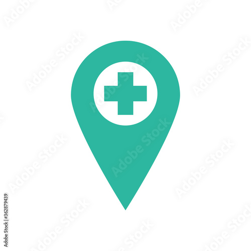 Flat icon location with cross isolated on white background. Hospital pin. Vector illustration.