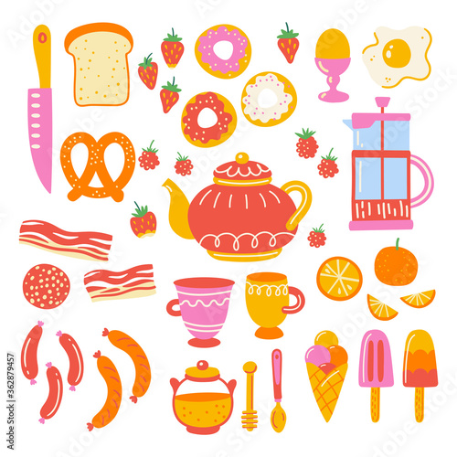Breakfast set with kitchen utensil and appliance. Scandinavian illustration of kitchen elements in flat style. Funny cartoon texture with hand drawn food preparation and kitchenware. Vector clipart.
