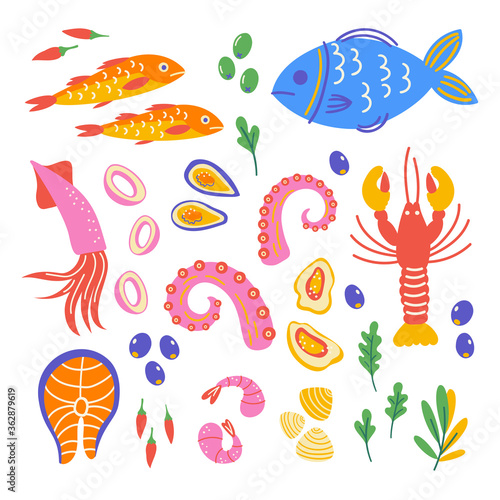 Flat set hand drawn healthy food. Illustration of seafood. Organic products in sketch style. Isolated scandinavian items. Farm market, restaurant menu design, banner, cookbook page.