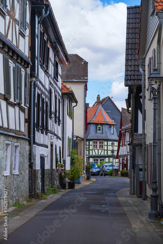 Narrow alley with half-timbered houses
