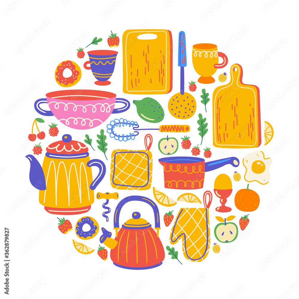 Set with kitchen utensil and appliance. Scandinavian illustration of kitchen elements in flat style. Cartoon round composition. Food preparation and kitchenware. Menu design, banner, cookbook page. Set with kitchen utensil and appliance. Scandinavian illustration of kitchen elements in flat style. Cartoon round composition. Food preparation and kitchenware. Menu design, banner, cookbook page.