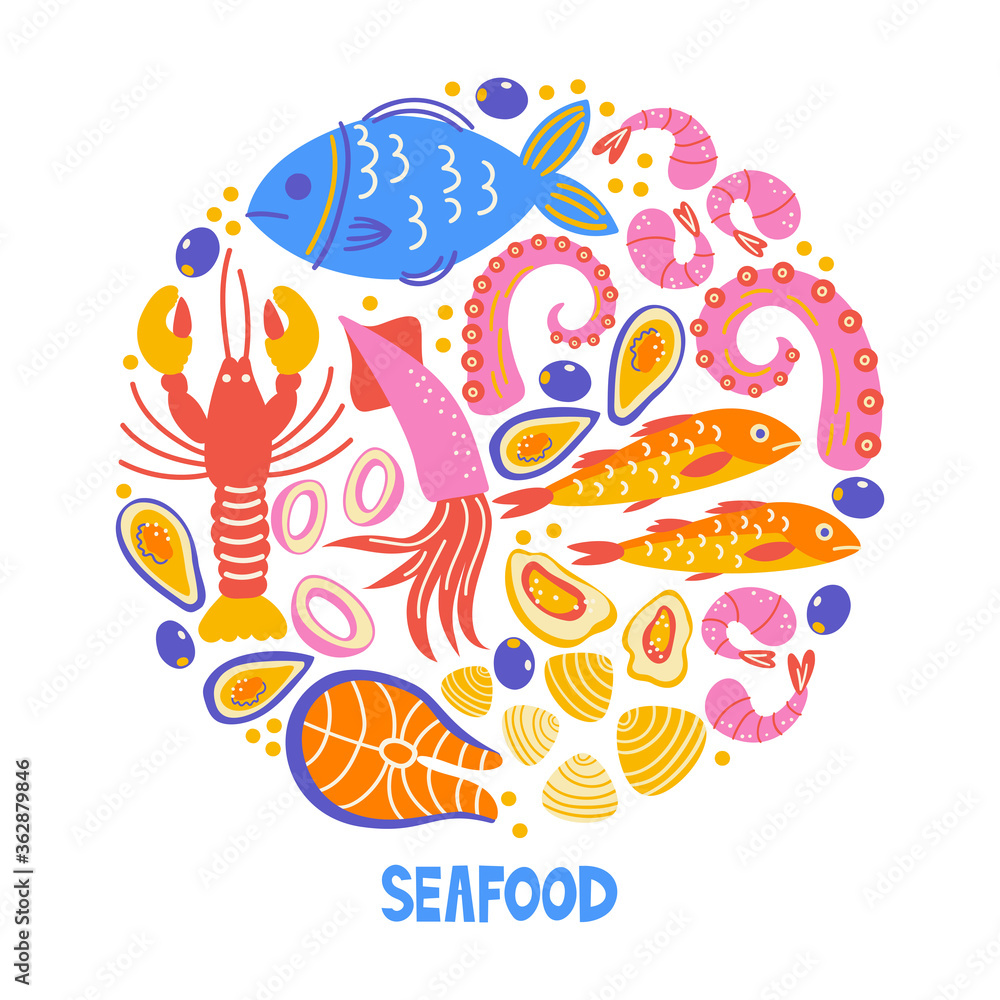 Set with kitchen utensil and appliance. Scandinavian illustration of kitchen elements in flat style. Funny cartoon round composition. Food preparation and kitchenware. Vector doodle clipart. Seafood