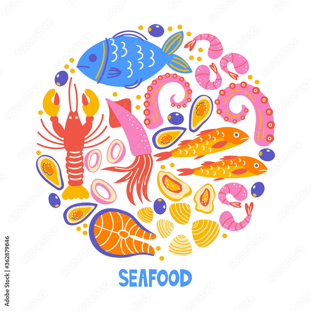 Set with kitchen utensil and appliance. Scandinavian illustration of kitchen elements in flat style. Funny cartoon round composition. Food preparation and kitchenware. Vector doodle clipart. Seafood Set with kitchen utensil and appliance. Scandinavian illustration of kitchen elements in flat style. Funny cartoon round composition. Food preparation and kitchenware. Vector doodle clipart. Seafood