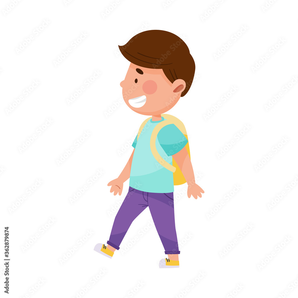 Little Boy Character Walking with Backpack Vector Illustration
