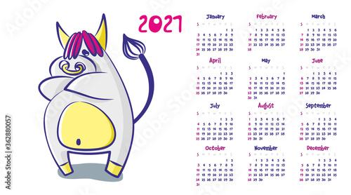 Calendar 2021. The cartoon bull was offended and crossed his arms. Vector illustration