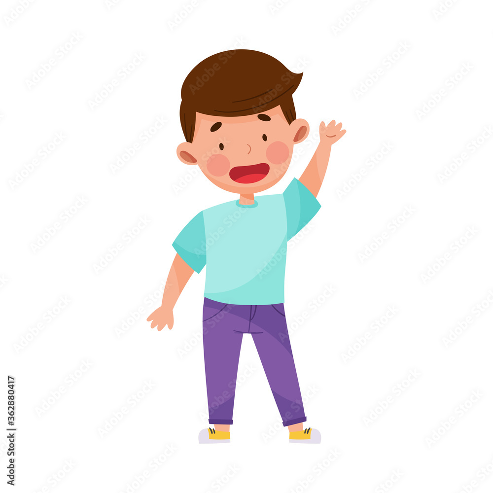 Little Boy Character Standing and Waving Hand Vector Illustration