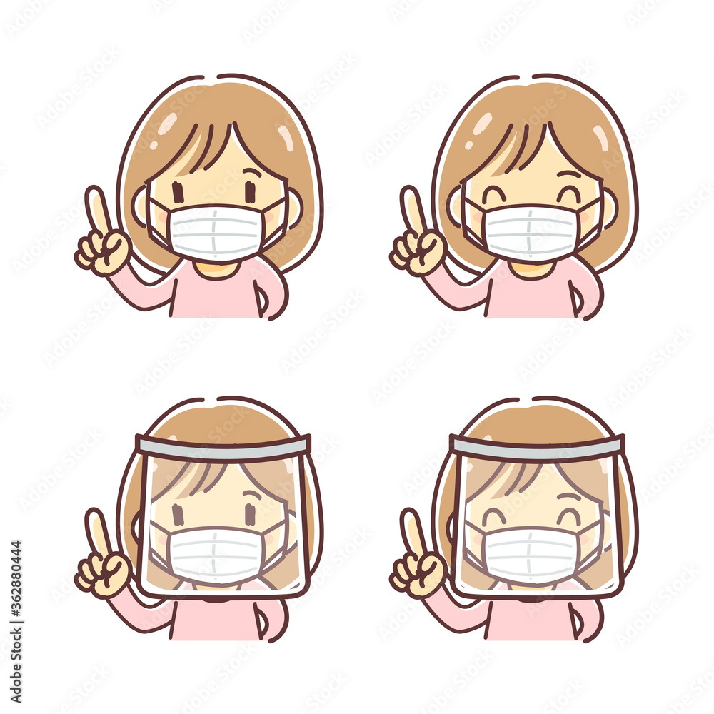 Fototapeta premium マスクとフェイスシールドをつけて指を指す女性