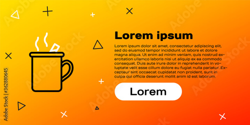 Line Mulled wine with glass of drink and ingredients icon isolated on yellow background. Cinnamon stick, clove, lemon slice. Colorful outline concept. Vector Illustration.