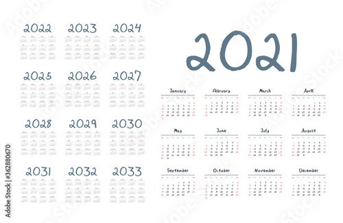 English calendar for years 2021-2033, week starts on Sunday
